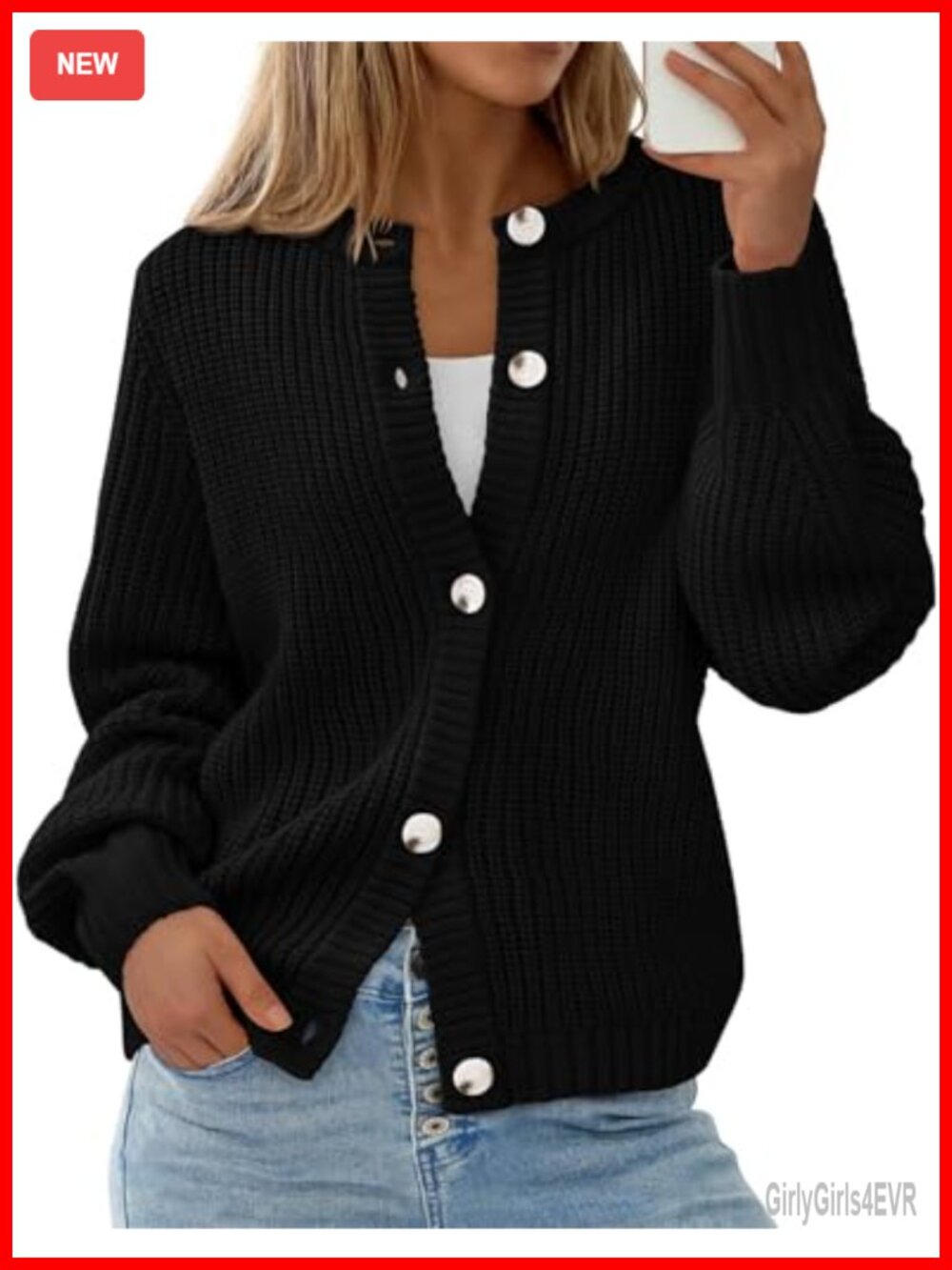Womens Chunky Knit Button Up Cardigan Sweater Oversized Ribbed Lantern Sleeve